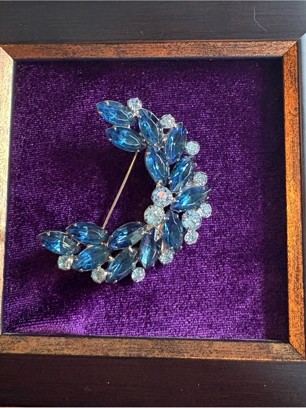Vintage Blue Navette Rhinestone Brooch Unsigned High Quality Mid Century